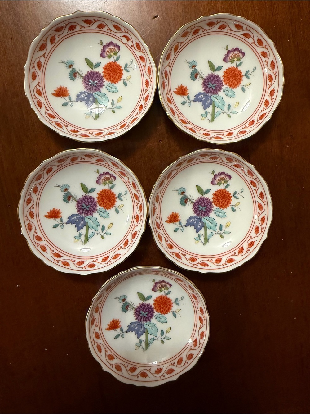 Five Vintage AK Kaiser Floral Butter Pats in Orange, Purple and Green